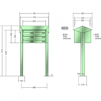 RENZ PRISMA Stahl-Ausführung, Anlage ohne Installationskasten, Durchwurfanlage, Kasten 300x110x385, 6-teilig, mit 2 Fußplatten, 12-0-29735