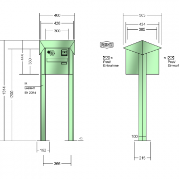 RENZ PRISMA Stahl-Ausführung, Anlage mit Installationskasten, Durchwurfanlage, Kasten 300x220x385, 1-teilig, mit 2 Fußplatten ,12-0-29742