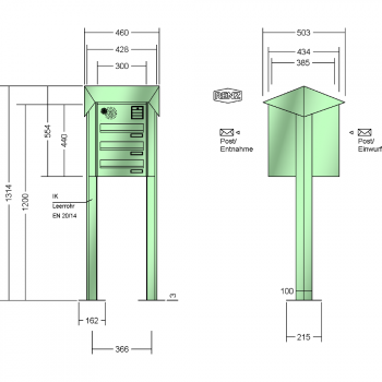 RENZ PRISMA Stahl-Ausführung, Anlage mit Installationskasten, Durchwurfanlage, Kasten 300x110x385, 3-teilig, mit 2 Fußplatten, 12-0-29744