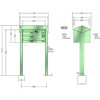 RENZ PRISMA Stahl-Ausführung, Anlage mit Installationskasten, Durchwurfanlage, Kasten 300x110x385, 4-teilig, mit 2 Fußplatten, 12-0-29745