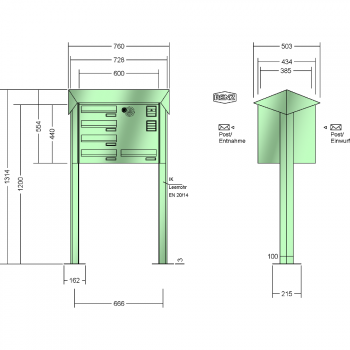 RENZ PRISMA Stahl-Ausführung, Anlage mit Installationskasten, Durchwurfanlage, Kasten 300x110x385, 5-teilig, mit 2 Fußplatten, 12-0-29746