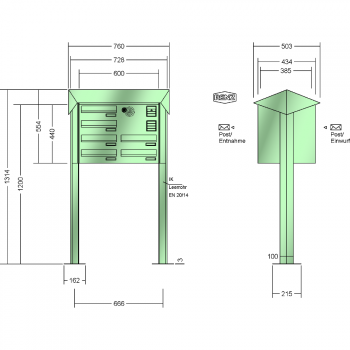 RENZ PRISMA Stahl-Ausführung, Anlage mit Installationskasten, Durchwurfanlage, Kasten 300x110x385, 6-teilig, mit 2 Fußplatten, 12-0-29747