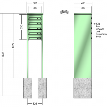 RENZ TETRO Stahl-Ausführung, Anlage ohne Installationskasten, Kasten 300x110x385, 5-teilig, zum Einbetonieren, 13-0-10417