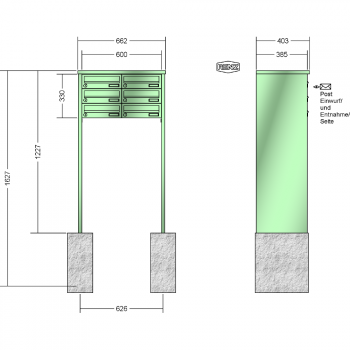 RENZ TETRO Stahl-Ausführung, Anlage ohne Installationskasten, Kasten 300x110x385, 6-teilig, zum Einbetonieren, 13-0-10418