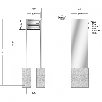 RENZ TETRO Edelstahl V4A-Ausführung, Anlage ohne Installationskasten, Kasten 300x110x385, 2-teilig, zum Einbetonieren, 13-0-10426