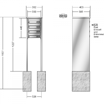 RENZ TETRO Edelstahl V4A-Ausführung, Anlage ohne Installationskasten, Kasten 300x110x385, 4-teilig, zum Einbetonieren, 13-0-10428