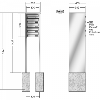 RENZ TETRO Edelstahl V4A-Ausführung, Anlage ohne Installationskasten, Kasten 300x110x385, 5-teilig, zum Einbetonieren, 13-0-10429