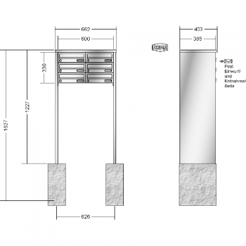 RENZ TETRO Edelstahl V4A-Ausführung, Anlage ohne Installationskasten, Kasten 300x110x385, 6-teilig, zum Einbetonieren, 13-0-10430