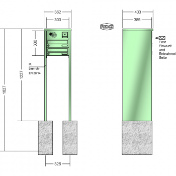 RENZ TETRO Stahl-Ausführung, Anlage mit Installationskasten, Kasten 300x110x385, 2-teilig, zum Einbetonieren, 13-0-10432