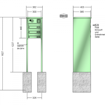 RENZ TETRO Stahl-Ausführung, Anlage mit Installationskasten, Kasten 300x110x385, 3-teilig, zum Einbetonieren, 13-0-10433