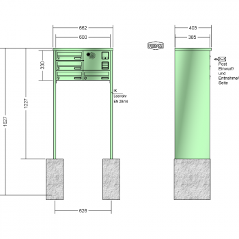 RENZ TETRO Stahl-Ausführung, Anlage mit Installationskasten, Kasten 300x110x385, 4-teilig, zum Einbetonieren, 13-0-10434