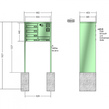 RENZ TETRO Stahl-Ausführung, Anlage mit Installationskasten, Kasten 300x110x385, 5-teilig, zum Einbetonieren, 13-0-10435