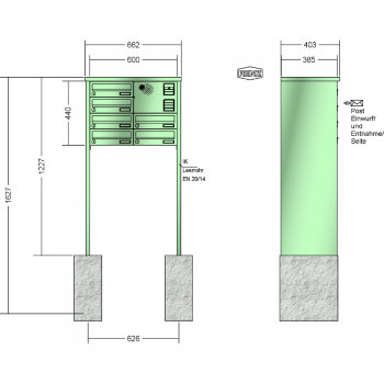 RENZ TETRO Stahl-Ausführung, Anlage mit Installationskasten, Kasten 300x110x385, 6-teilig, zum Einbetonieren, 13-0-10436