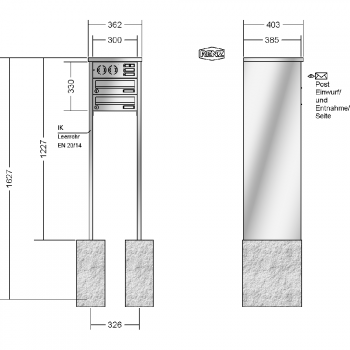 RENZ TETRO Edelstahl V4A-Ausführung, Anlage mit Installationskasten, Kasten 300x110x385, 2-teilig, zum Einbetonieren, 13-0-10444