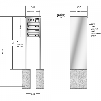 RENZ TETRO Edelstahl V4A-Ausführung, Anlage mit Installationskasten, Kasten 300x110x385, 3-teilig, zum Einbetonieren, 13-0-10445