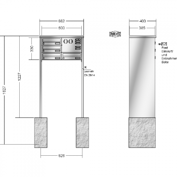 RENZ TETRO Edelstahl V4A-Ausführung, Anlage mit Installationskasten, Kasten 300x110x385, 4-teilig, zum Einbetonieren, 13-0-10446