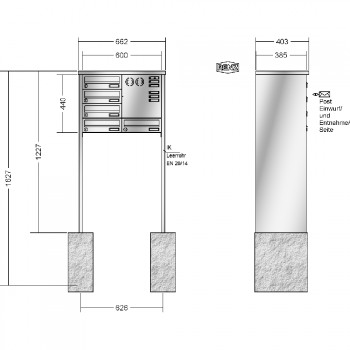 RENZ TETRO Edelstahl V4A-Ausführung, Anlage mit Installationskasten, Kasten 300x110x385, 5-teilig, zum Einbetonieren, 13-0-10447