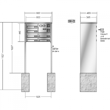 RENZ TETRO Edelstahl V4A-Ausführung, Anlage mit Installationskasten, Kasten 300x110x385, 6-teilig, zum Einbetonieren, 13-0-10448