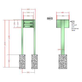 RENZ Quadra, Anlage ohne Installationskasten, Kasten 300x110x385, 2-teilig, zum Einbetonieren, 13-0-13021