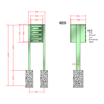 RENZ Quadra, Anlage ohne Installationskasten, Kasten 300x110x385, 4-teilig, zum Einbetonieren, 13-0-13023