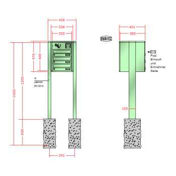 RENZ Quadra, Anlage mit Installationskasten, Kasten 300x110x385, 3-teilig, zum Einbetonieren, 13-0-13028