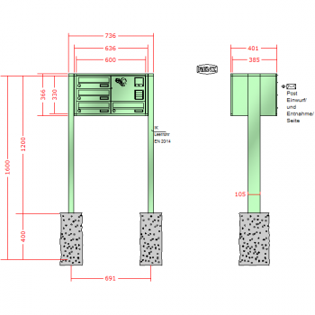 RENZ Quadra, Anlage mit Installationskasten, Kasten 300x110x385, 4-teilig, zum Einbetonieren, 13-0-13029