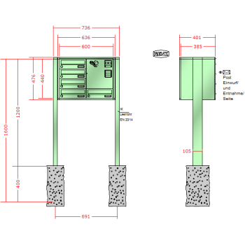 RENZ Quadra, Anlage mit Installationskasten, Kasten 300x110x385, 5-teilig, zum Einbetonieren, 13-0-13030