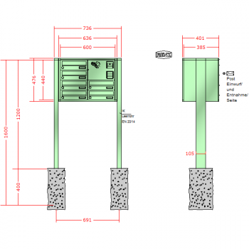 RENZ Quadra, Anlage mit Installationskasten, Kasten 300x110x385, 6-teilig, zum Einbetonieren, 13-0-13031