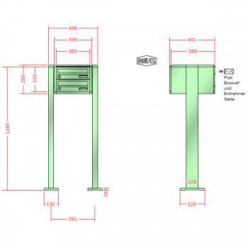 RENZ Quadra, Anlage ohne Installationskasten, Kasten 300x110x385, 2-teilig, mit 2 Fußplatten, 13-0-19021