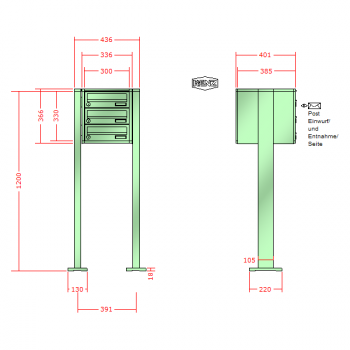 RENZ Quadra, Anlage ohne Installationskasten, Kasten 300x110x385, 3-teilig, mit 2 Fußplatten, 13-0-19022