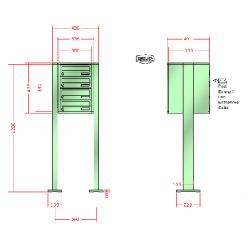 RENZ Quadra, Anlage ohne Installationskasten, Kasten 300x110x385, 4-teilig, mit 2 Fußplatten, 13-0-19023