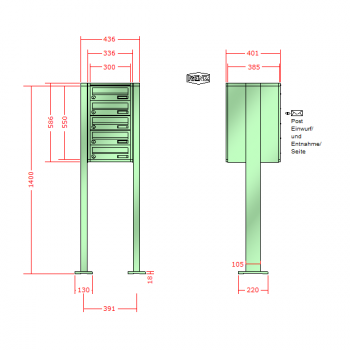 RENZ Quadra, Anlage ohne Installationskasten, Kasten 300x110x385, 5-teilig, mit 2 Fußplatten, 13-0-19024