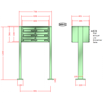 RENZ Quadra, Anlage ohne Installationskasten, Kasten 300x110x385, 6-teilig, mit 2 Fußplatten, 13-0-19025