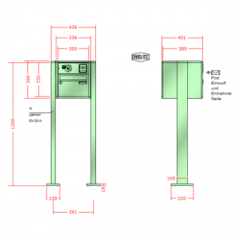 RENZ Quadra, Anlage mit Installationskasten, Kasten 300x220x385, 1-teilig, mit 2 Fußplatten, 13-0-19026