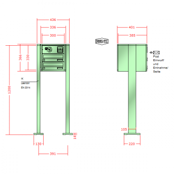 RENZ Quadra, Anlage mit Installationskasten, Kasten 300x110x385, 2-teilig, mit 2 Fußplatten, 13-0-19027