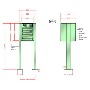 RENZ Quadra, Anlage mit Installationskasten, Kasten 300x110x385, 3-teilig, mit 2 Fußplatten, 13-0-19028