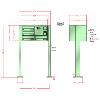 RENZ Quadra, Anlage mit Installationskasten, Kasten 300x110x385, 4-teilig, mit 2 Fußplatten, 13-0-19029