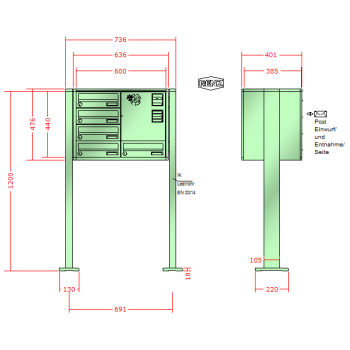 RENZ Quadra, Anlage mit Installationskasten, Kasten 300x110x385, 5-teilig, mit 2 Fußplatten, 13-0-19030