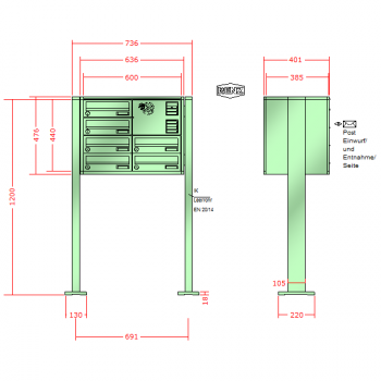 RENZ Quadra, Anlage mit Installationskasten, Kasten 300x110x385, 6-teilig, mit 2 Fußplatten, 13-0-19031