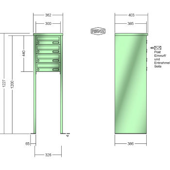 RENZ TETRO Stahl-Ausführung, Anlage ohne Installationskasten, Kasten 300x110x385, 4-teilig, mit 2 Fußplatten, 13-0-19416