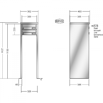 RENZ TETRO Edelstahl V4A-Ausführung, Anlage ohne Installationskasten, Kasten 300x110x385, 2-teilig, mit 2 Fußplatten, 13-0-19426