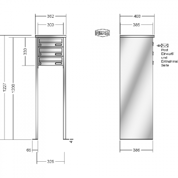 RENZ TETRO Edelstahl V4A-Ausführung, Anlage ohne Installationskasten, Kasten 300x110x385, 3-teilig, mit 2 Fußplatten, 13-0-19427