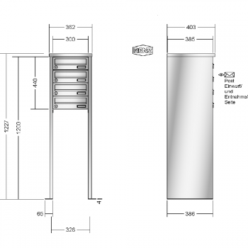 RENZ TETRO Edelstahl V4A-Ausführung, Anlage ohne Installationskasten, Kasten 300x110x385, 4-teilig, mit 2 Fußplatten, 13-0-19428