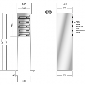 RENZ TETRO Edelstahl V4A-Ausführung, Anlage ohne Installationskasten, Kasten 300x110x385, 5-teilig, mit 2 Fußplatten, 13-0-19429