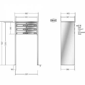 RENZ TETRO Edelstahl V4A-Ausführung, Anlage ohne Installationskasten, Kasten 300x110x385, 6-teilig, mit 2 Fußplatten, 13-0-19430