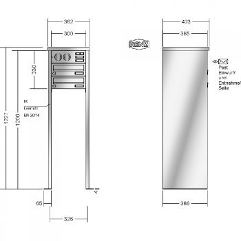 RENZ TETRO Edelstahl V4A-Ausführung, Anlage mit Installationskasten, Kasten 300x110x385, 2-teilig, mit 2 Fußplatten, 13-0-19444