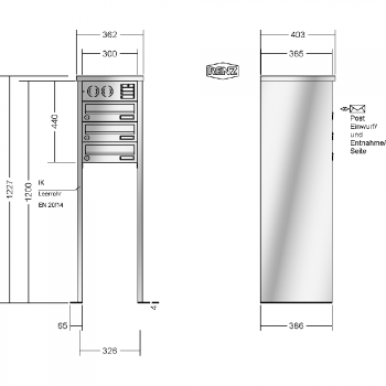 RENZ TETRO Edelstahl V4A-Ausführung, Anlage mit Installationskasten, Kasten 300x110x385, 3-teilig, mit 2 Fußplatten, 13-0-19445