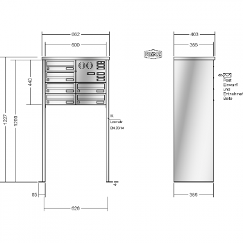 RENZ TETRO Edelstahl V4A-Ausführung, Anlage mit Installationskasten, Kasten 300x110x385, 6-teilig, mit 2 Fußplatten, 13-0-19448