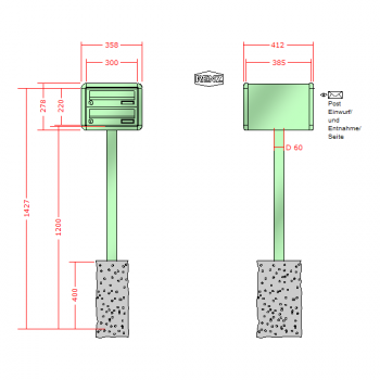 RENZ RS 4000 mit Rundrohrfuß, Anlage ohne Installationskasten, Kasten 300x110x385, 2-teilig, zum Einbetonieren, 13-0-25702