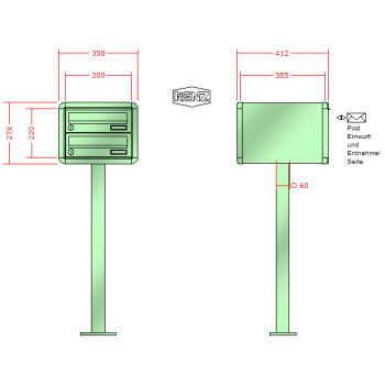 RENZ RS 4000 mit Rundrohrfuß, Anlage ohne Installationskasten, Kasten 300x110x385, 2-teilig, mit Fußplatte, 13-0-25707